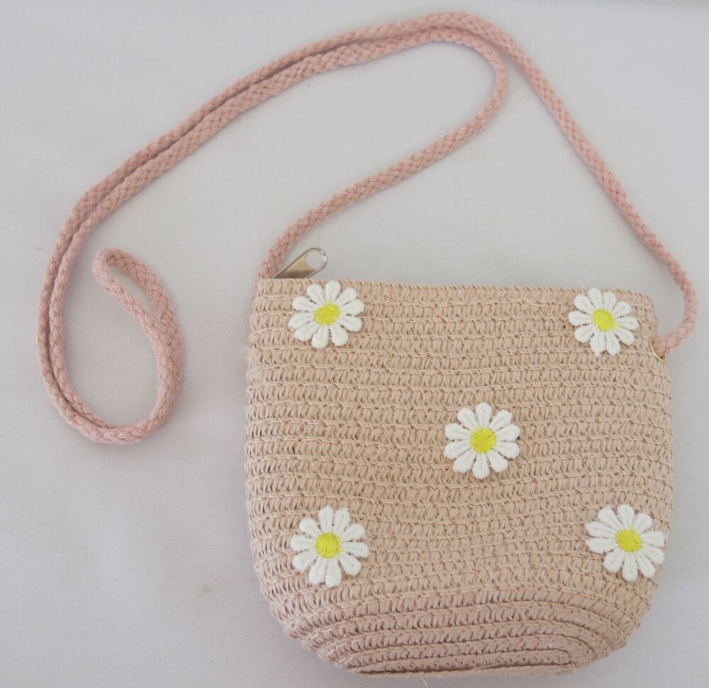 Woven Straw Crossbody Purse NWT Girls Mini Daisy Zipper Spring Easter Pink